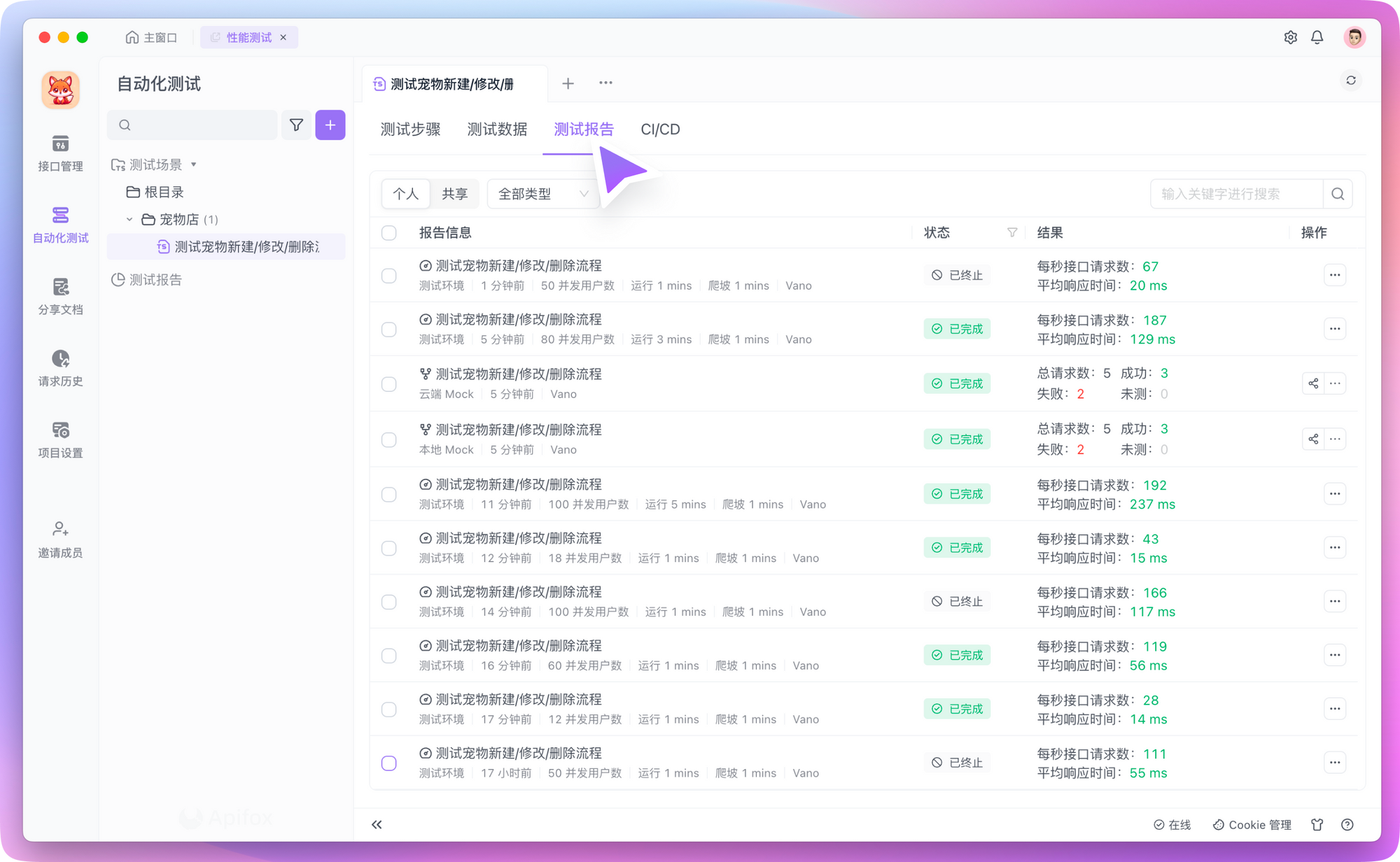 Apifox 性能测试查看测试场景的历史报告