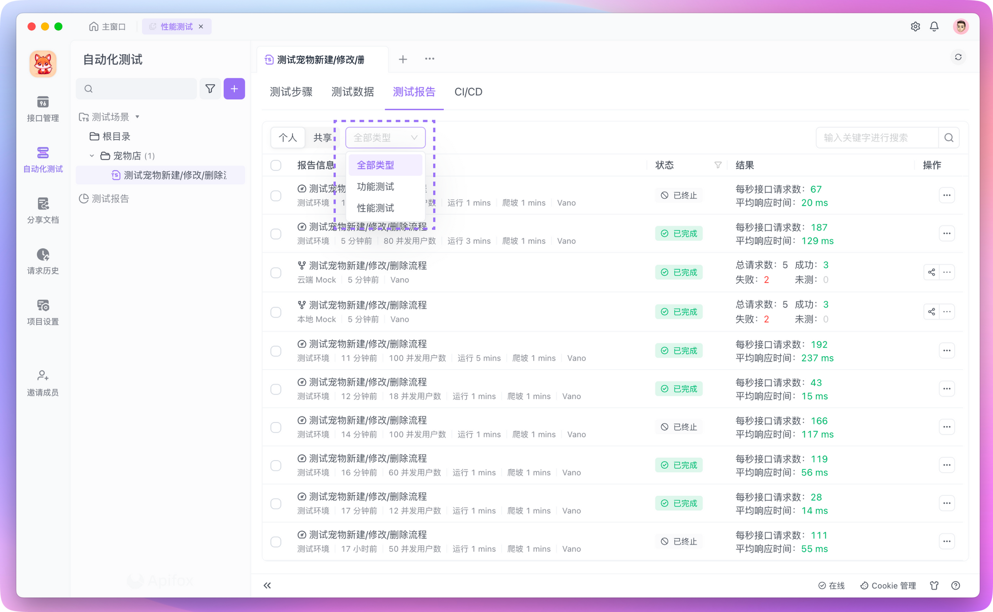 Apifox 性能测试历史测试报告筛选