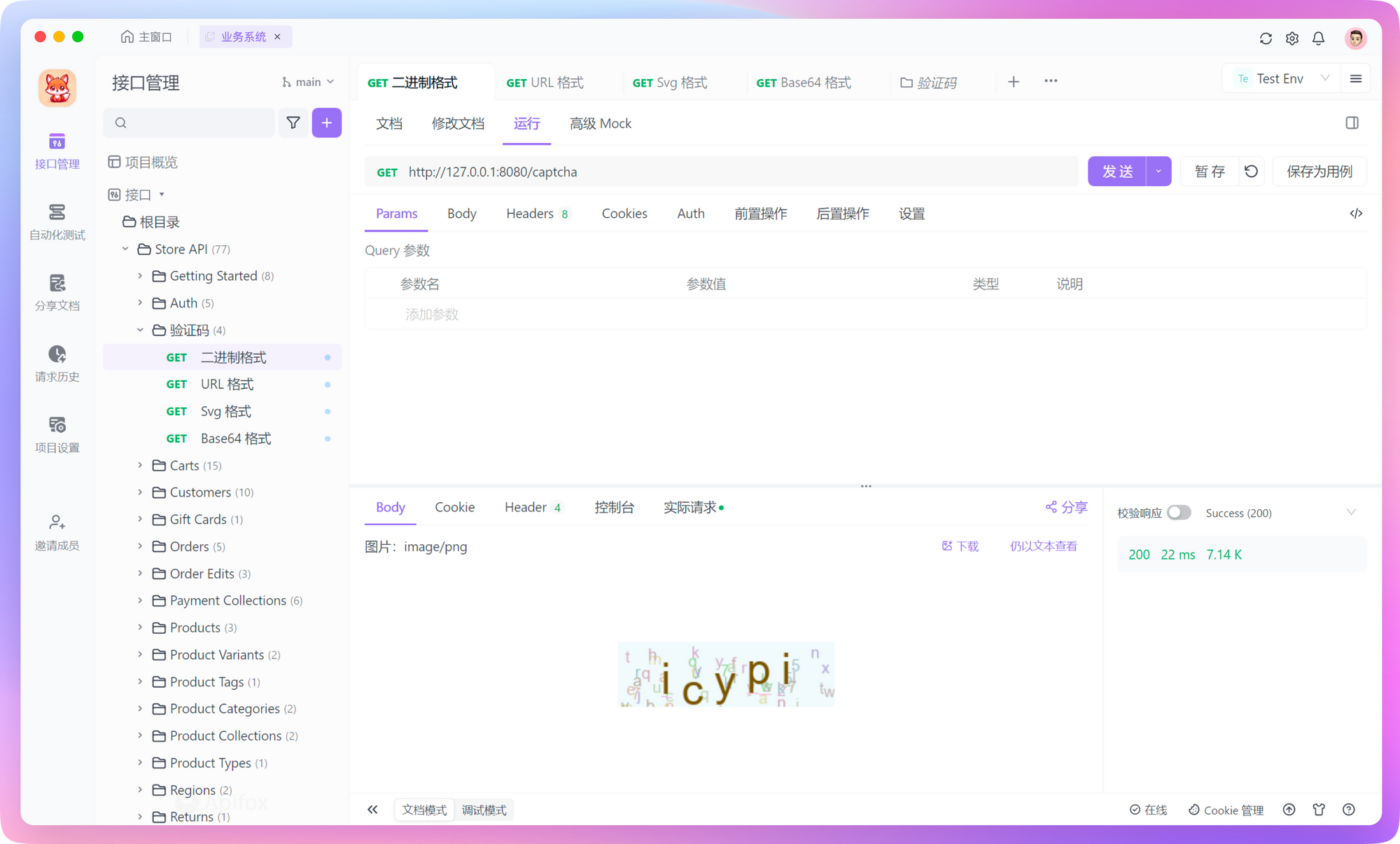 针对二进制流格式的验证码，Apifox 会自动将其解析为图片文件并显示出来