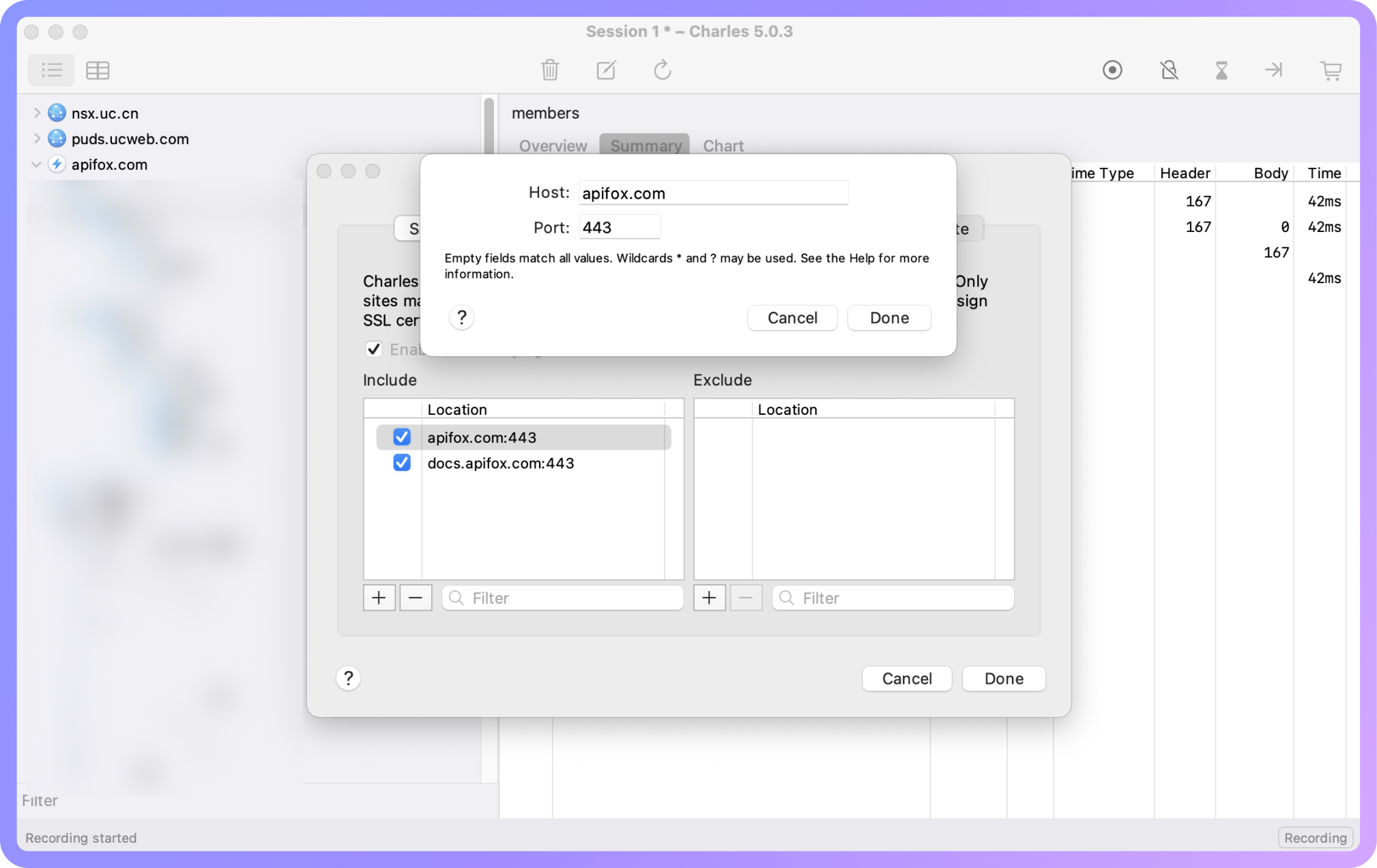 在列表中添加需要抓取的域名(Host)和端口(Port 443)