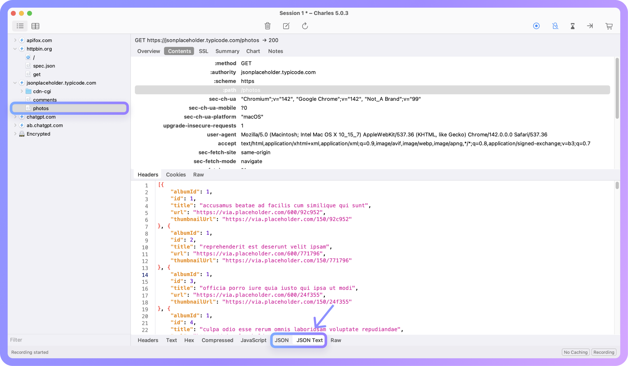 Contents 选项卡里会将 JSON 等响应折叠成树状结构,方便快速理解数据结构和字段